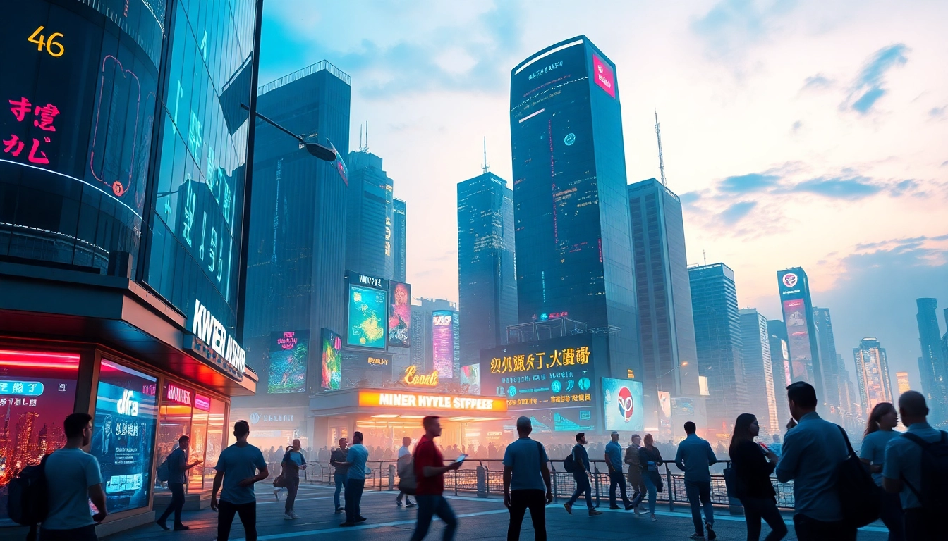 Tech enthusiasts exploring the latest gadgets in a vibrant city setting, emphasizing technology's impact on daily life.