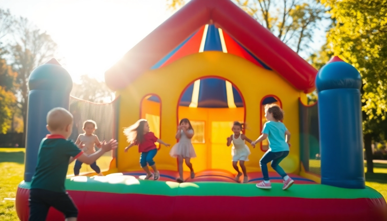 Find a fun bouncy house near me with children laughing and playing in the sun.