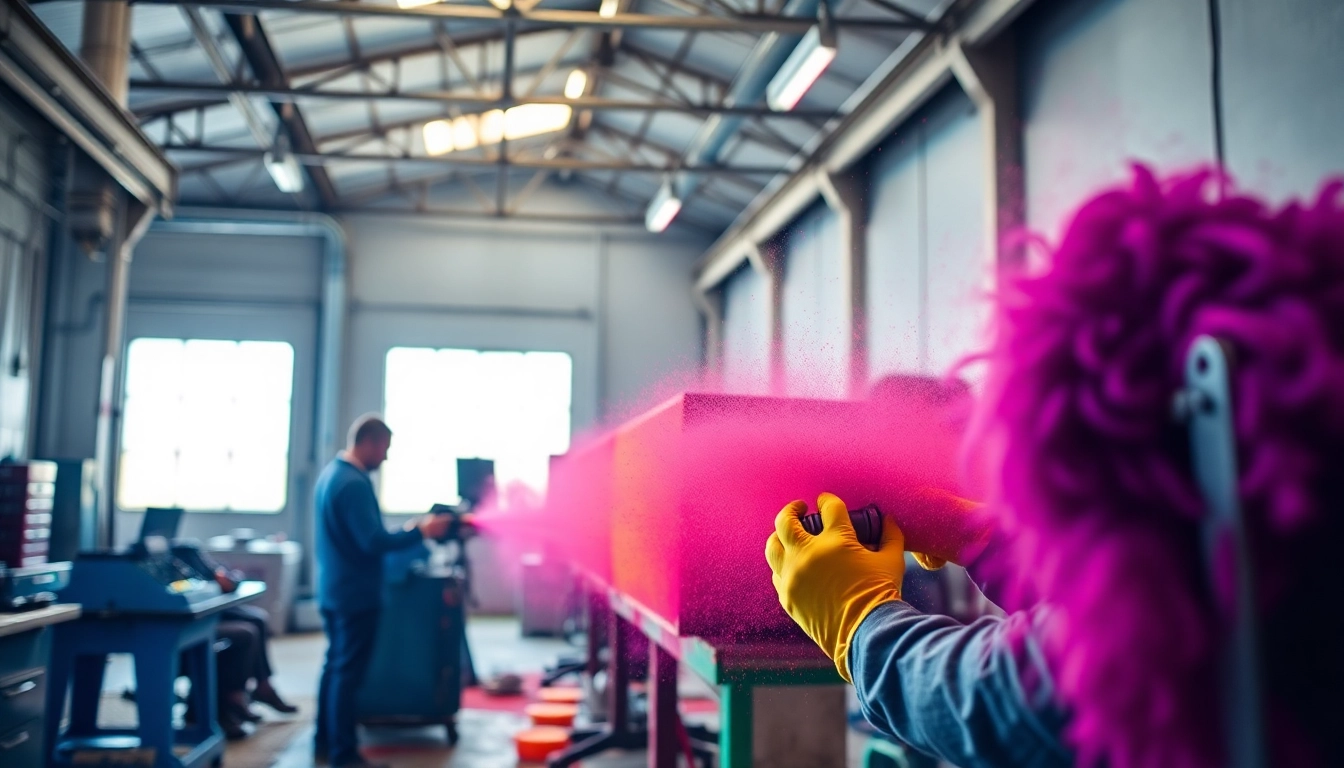 Technician applying powder coating Birmingham to a metal surface with vibrant powders and precise techniques.