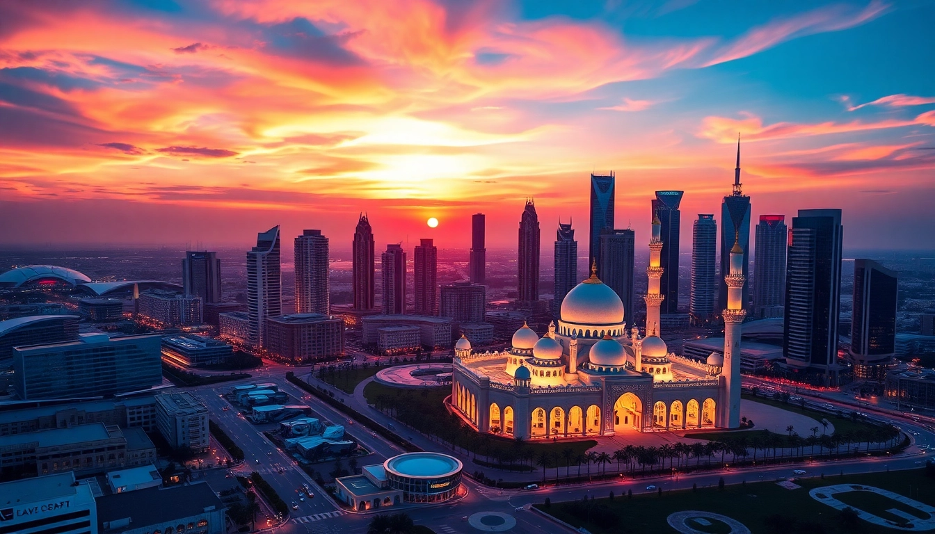 Experience the best of Abu Dhabi with a stunning sunset view over modern skyscrapers and the iconic Sheikh Zayed Grand Mosque.