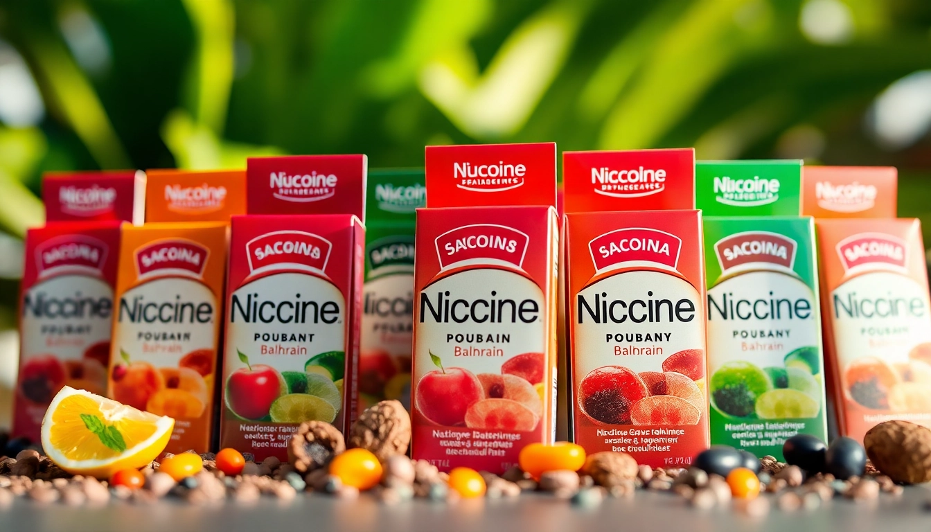 Showcase Nicotine Pouches Bahrain flavors in a vibrant display with various packaging textures.