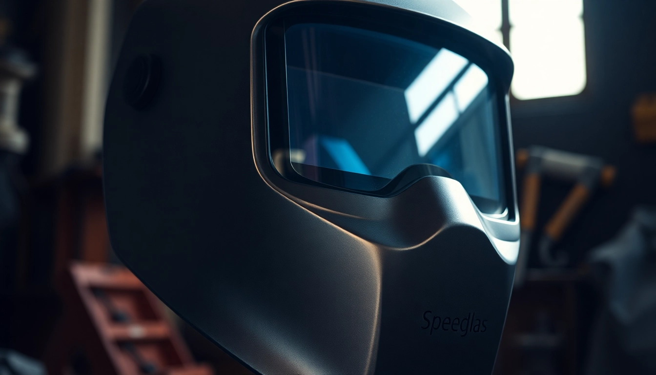 Inspecting a Speedglas welding helmet featuring advanced auto-darkening technology for professional welders.