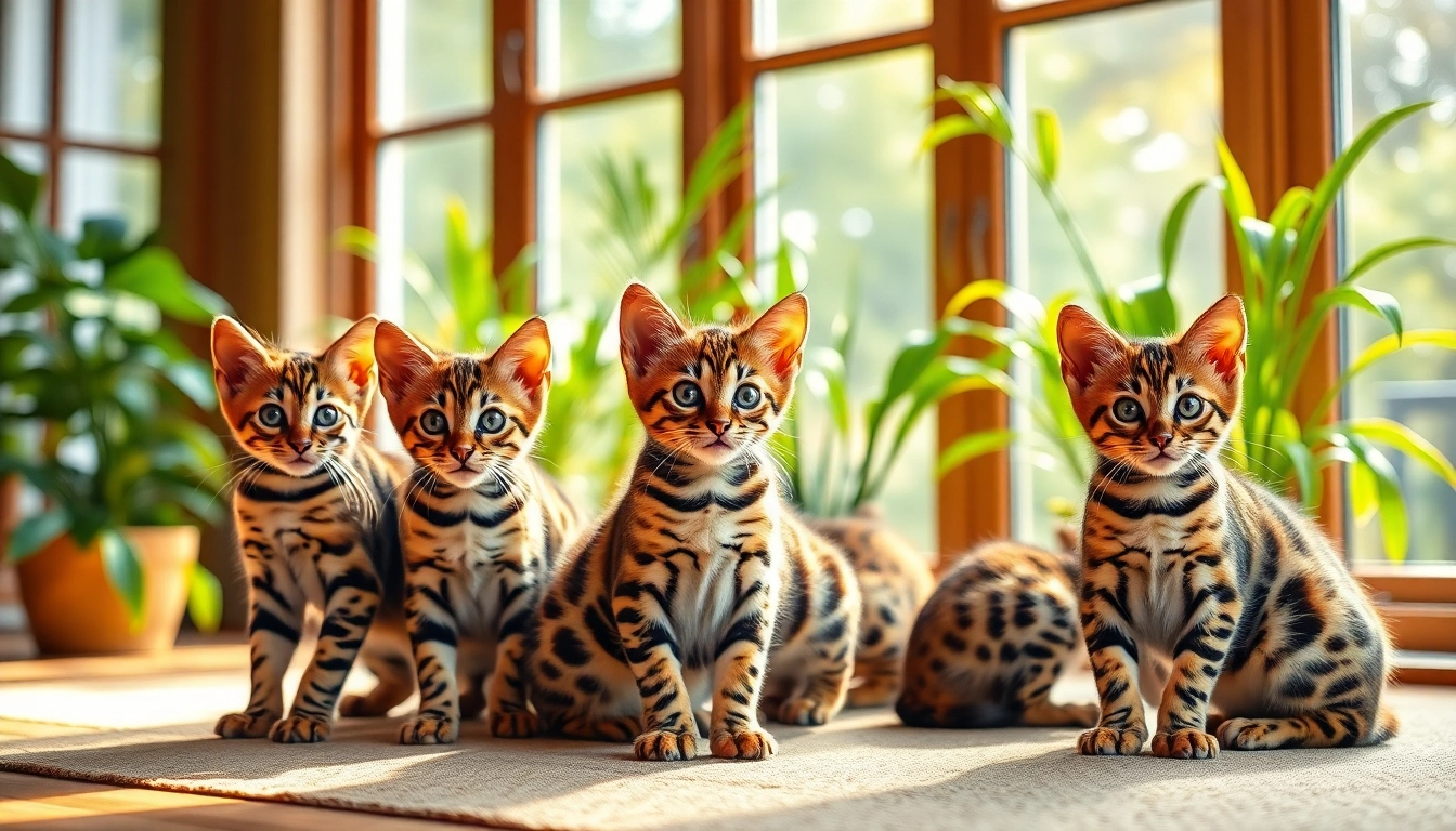 Registered Bengal Breeder showcasing playful Bengal kittens in a warm cattery environment.
