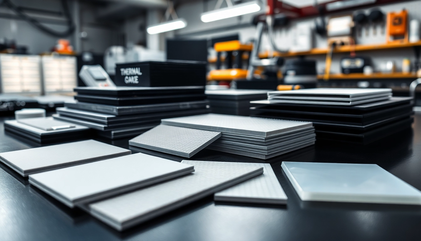 Exhibit of thermal management materials including pads, adhesives, and gels for electronic cooling.