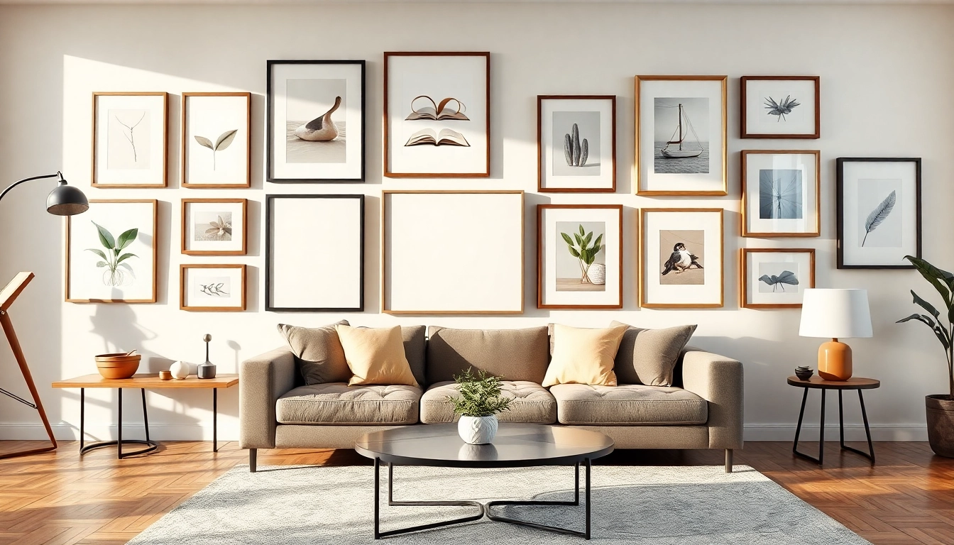 Stylish modern design picture frames beautifully arranged in a contemporary living room.