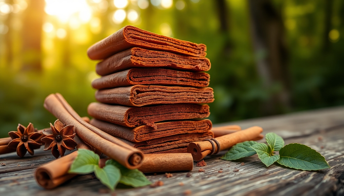 Cinnamon Bark beautifully arranged with leaves on a wooden surface, emphasizing its rich texture.