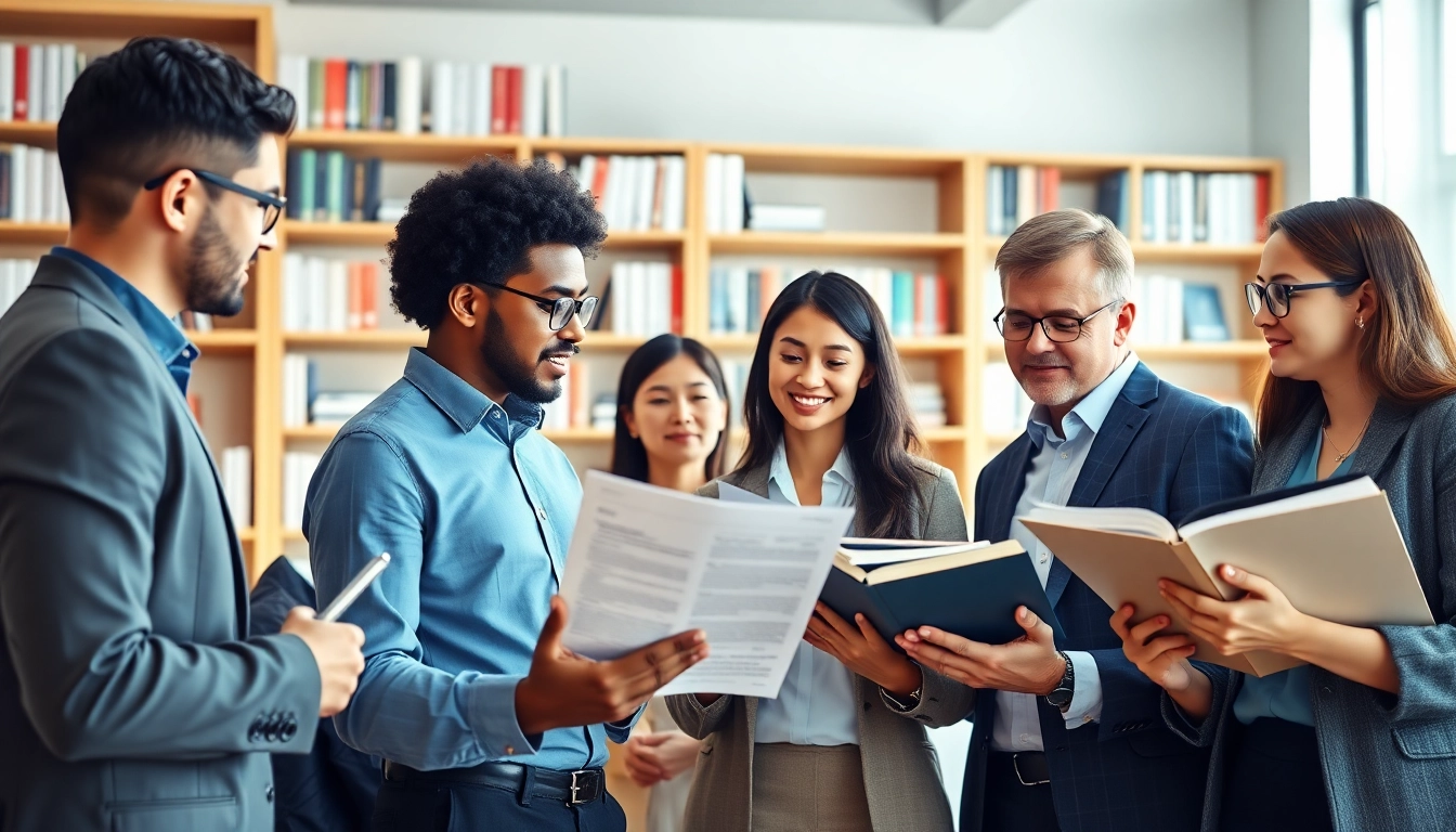 Engaged professionals discussing how to buy MBA degree options in a modern office.