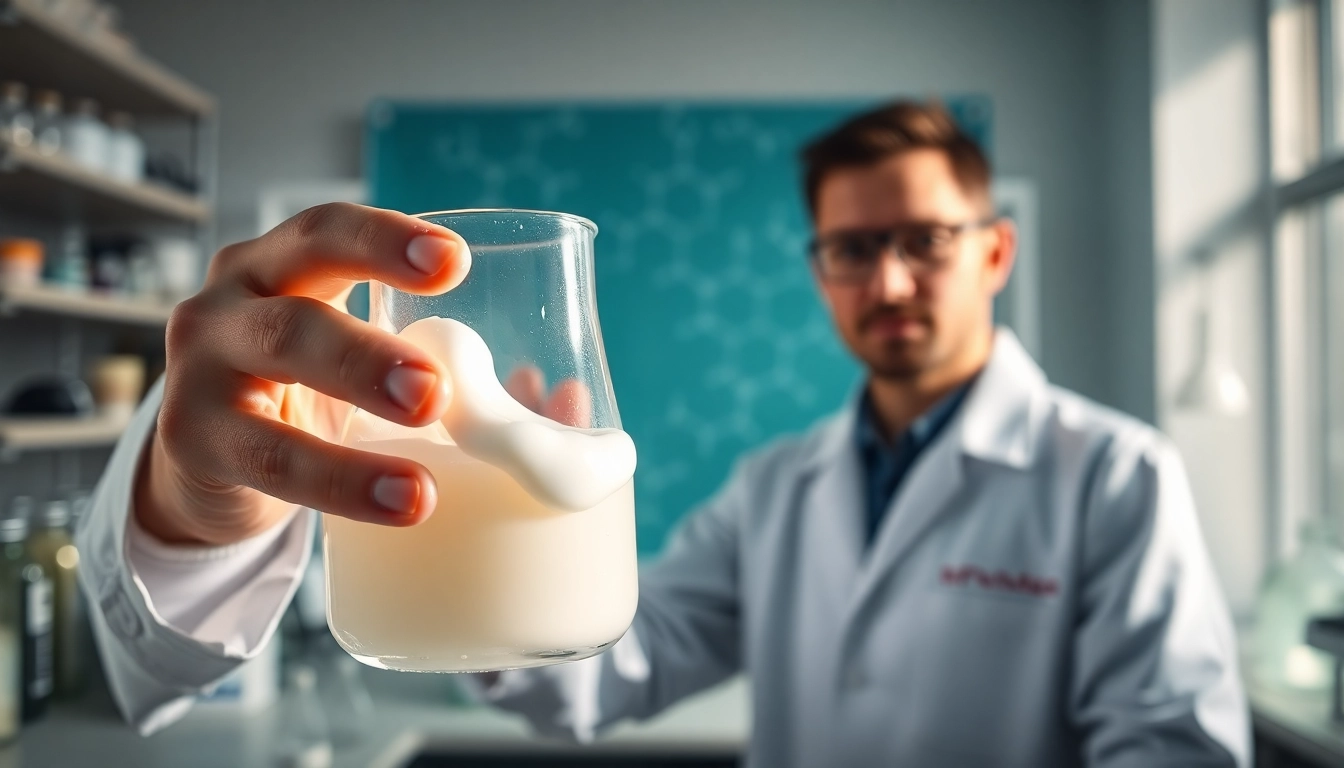 Showcasing Hydroxyethyl MethylCellulose in a laboratory, a chemist holds a gel-filled beaker highlighting its applications.