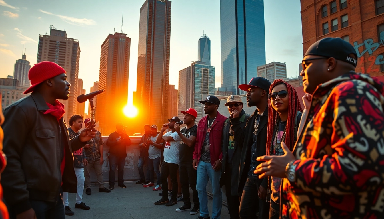 Chicago hip-hop artists passionately performing on a rooftop, showcasing vibrant urban culture.