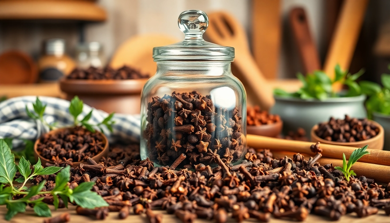 Cloves in a glass jar surrounded by rustic kitchen utensils and herbs, showcasing their aromatic appeal.