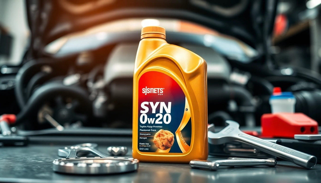 Showcasing syn 0w20 oil bottle with tools on a garage workbench, emphasizing reliability.