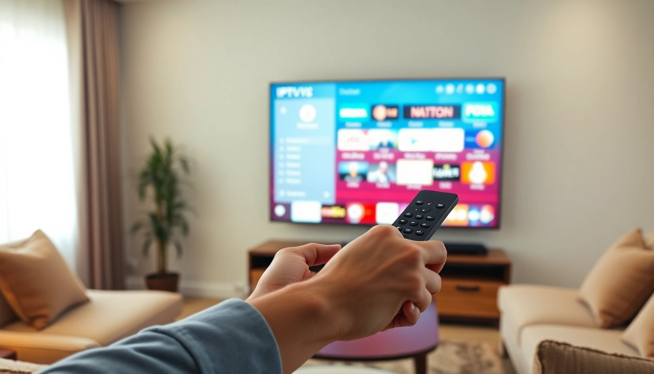 Explore the features of an iptv demo account with a user interacting in a modern living room setup.