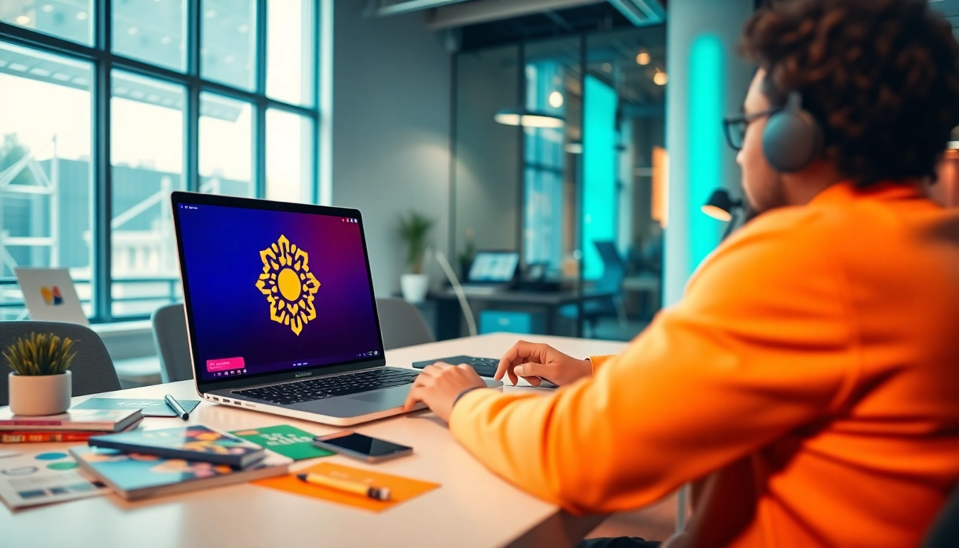 Showcasing AI-powered branding services, a designer interacts with advanced tools to create stunning logos.