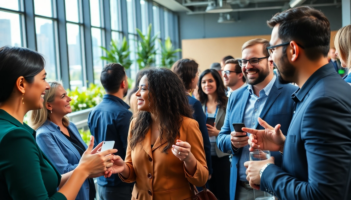 Networking event showcasing diverse individuals actively engaging in conversations and exchanges.