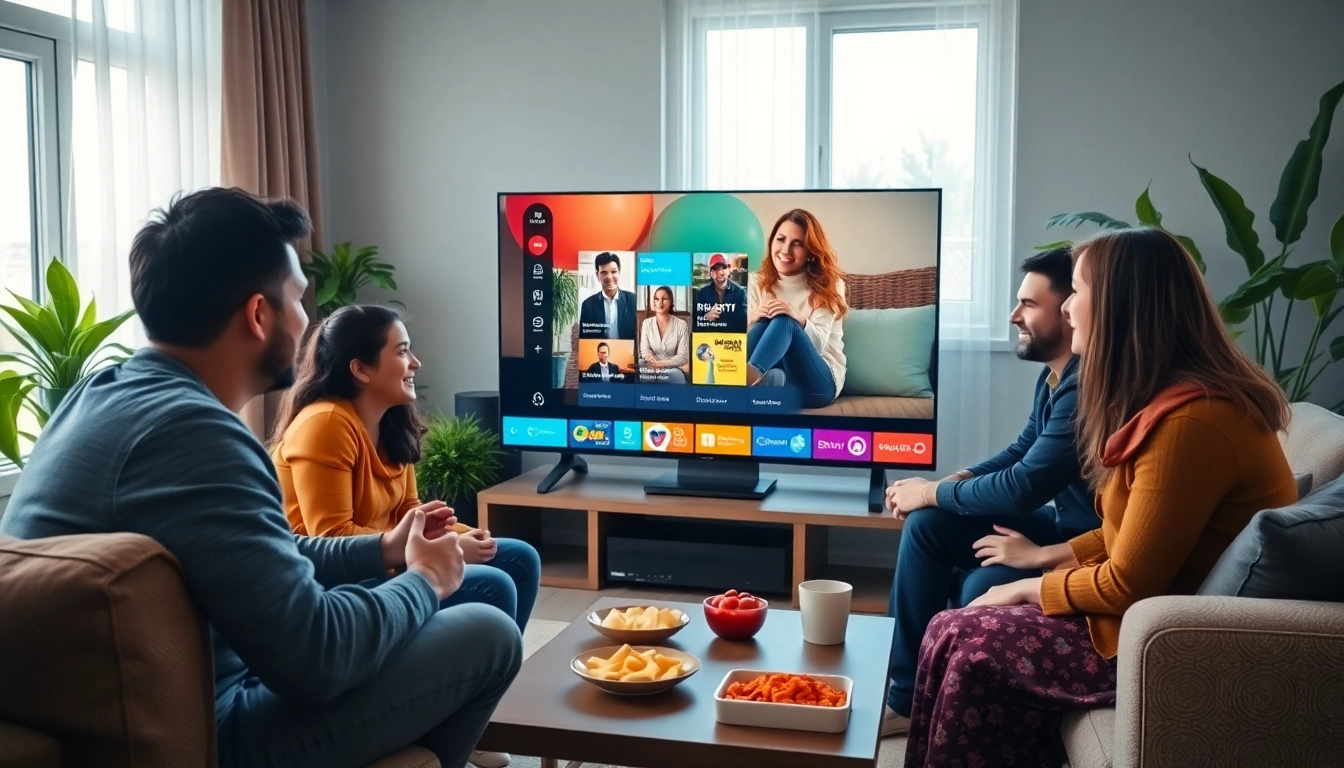 Explore IPTV services with a vibrant family enjoying diverse entertainment in a modern living room.