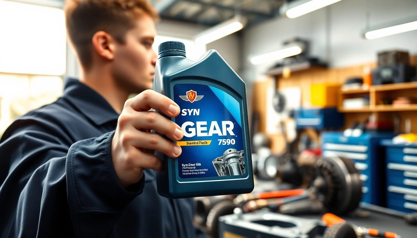 Technician demonstrating syn gear oil 75w90 in a professional automotive workshop environment.