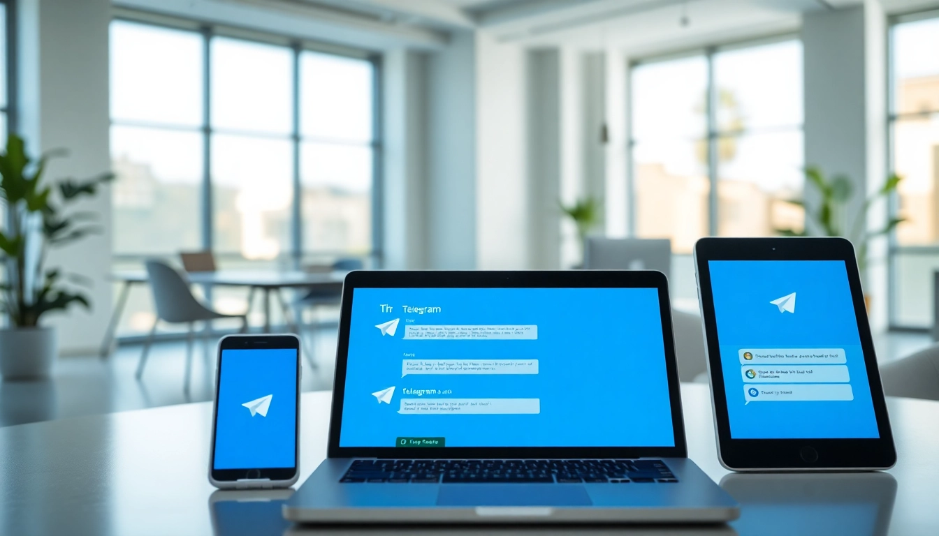 Explore the features of 电报官网 with a vibrant display of Telegram on multiple devices in a modern workspace.