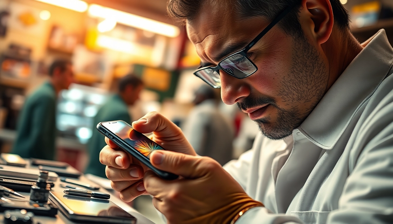 Riparazione iPhone Torino con tecnico esperto mentre sostituisce uno schermo rotto in un ambiente accogliente.