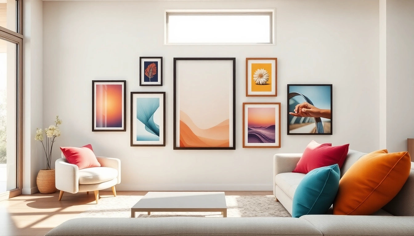 Display vibrant modern design picture frames in a stylish living room setting.