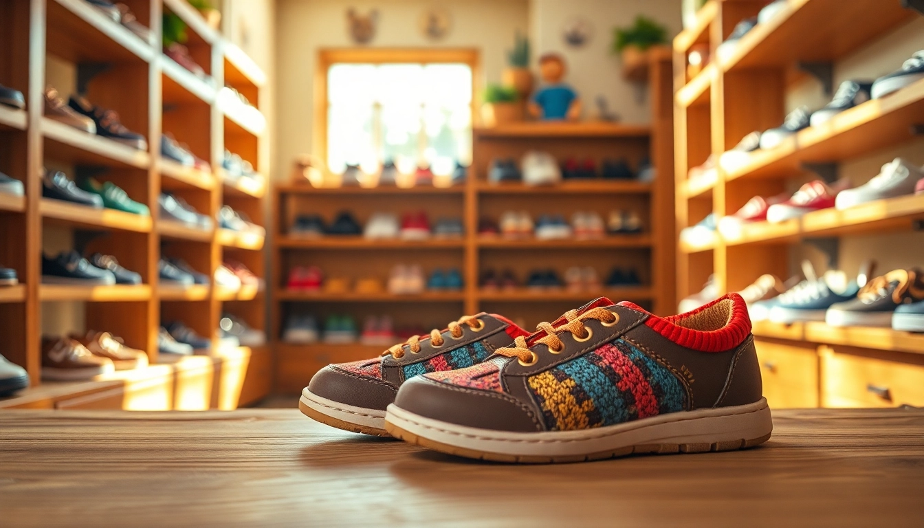 Flexible Kinderschuhe für Kinder in einem einladenden Schuhgeschäft, das verschiedene Modelle zeigt.