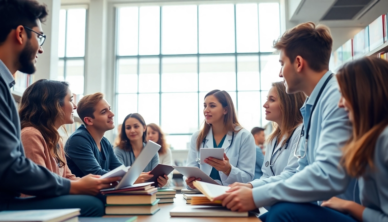 Studierende besprechen das Medizinstudium ohne Aufnahmeprüfung in einer modernen Bibliothek.