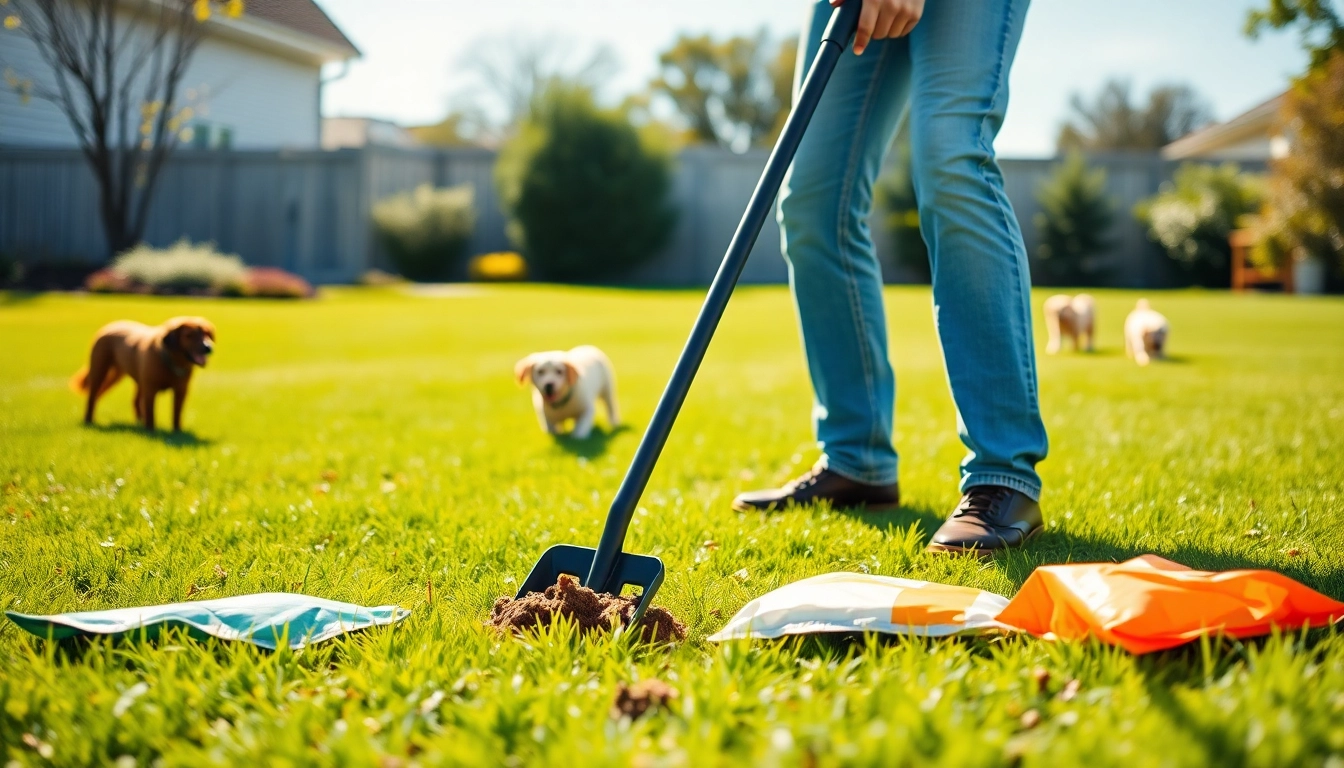 Clean up dog poop in a sunny backyard while enjoying a vibrant day with playful dogs.