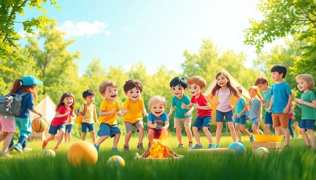 Kids enjoying fun activities at holiday camps, engaging in team-building games outdoors.