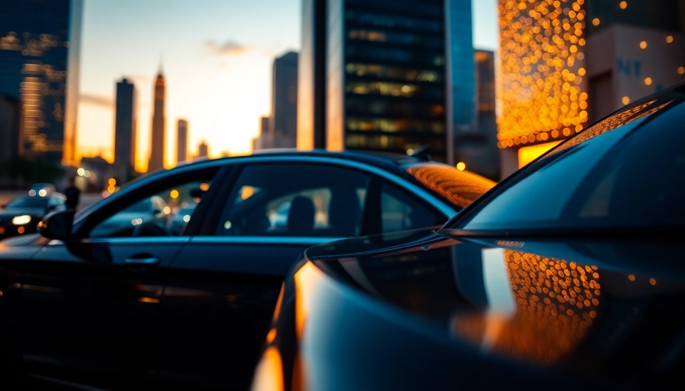 Experience top-tier car service with a luxurious black sedan in a busy urban sunset.