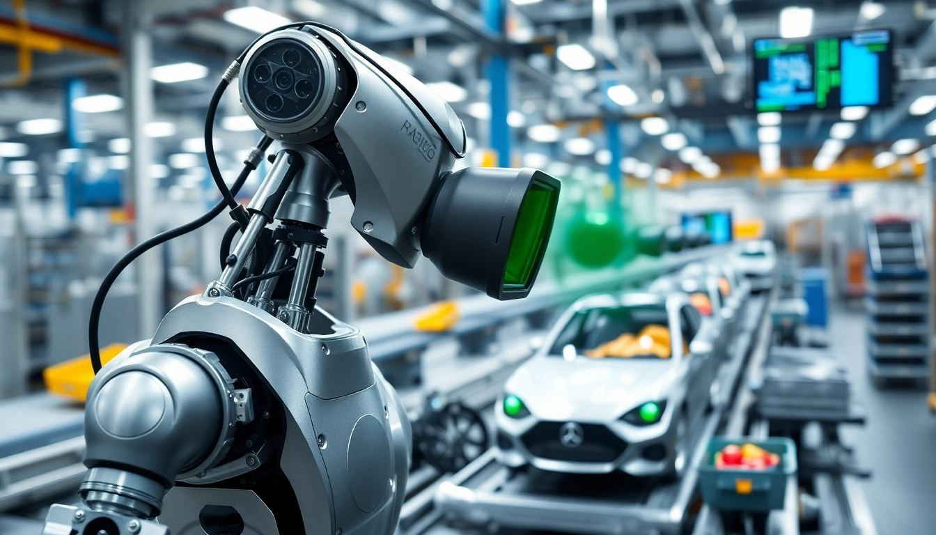 Robot utilizing machine vision to inspect automotive parts on an assembly line in a modern factory.