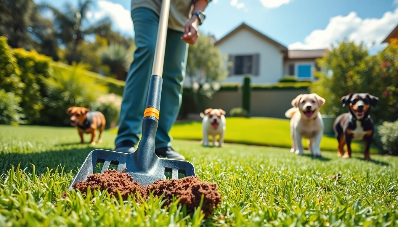 Alamo Ranch poop scooper cleaning pet waste in a well-maintained yard with playful dogs.