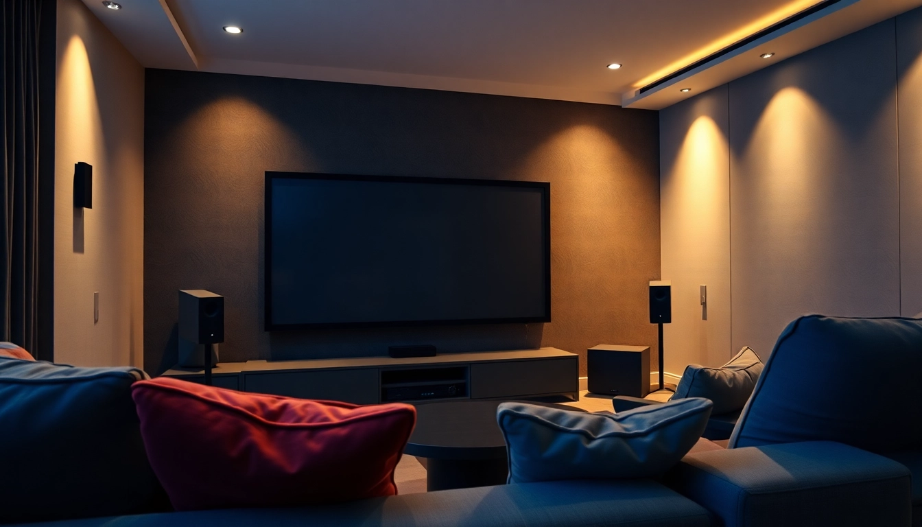 Experience home theater installation near me in a cozy living room with premium audio and visual features.
