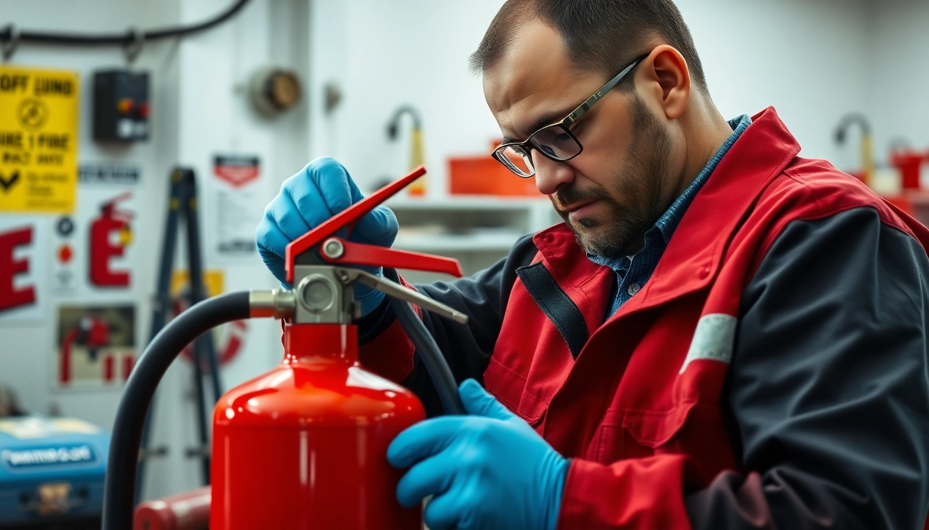 Fire extinguisher servicing Birmingham by a professional technician in a safety-focused workshop.