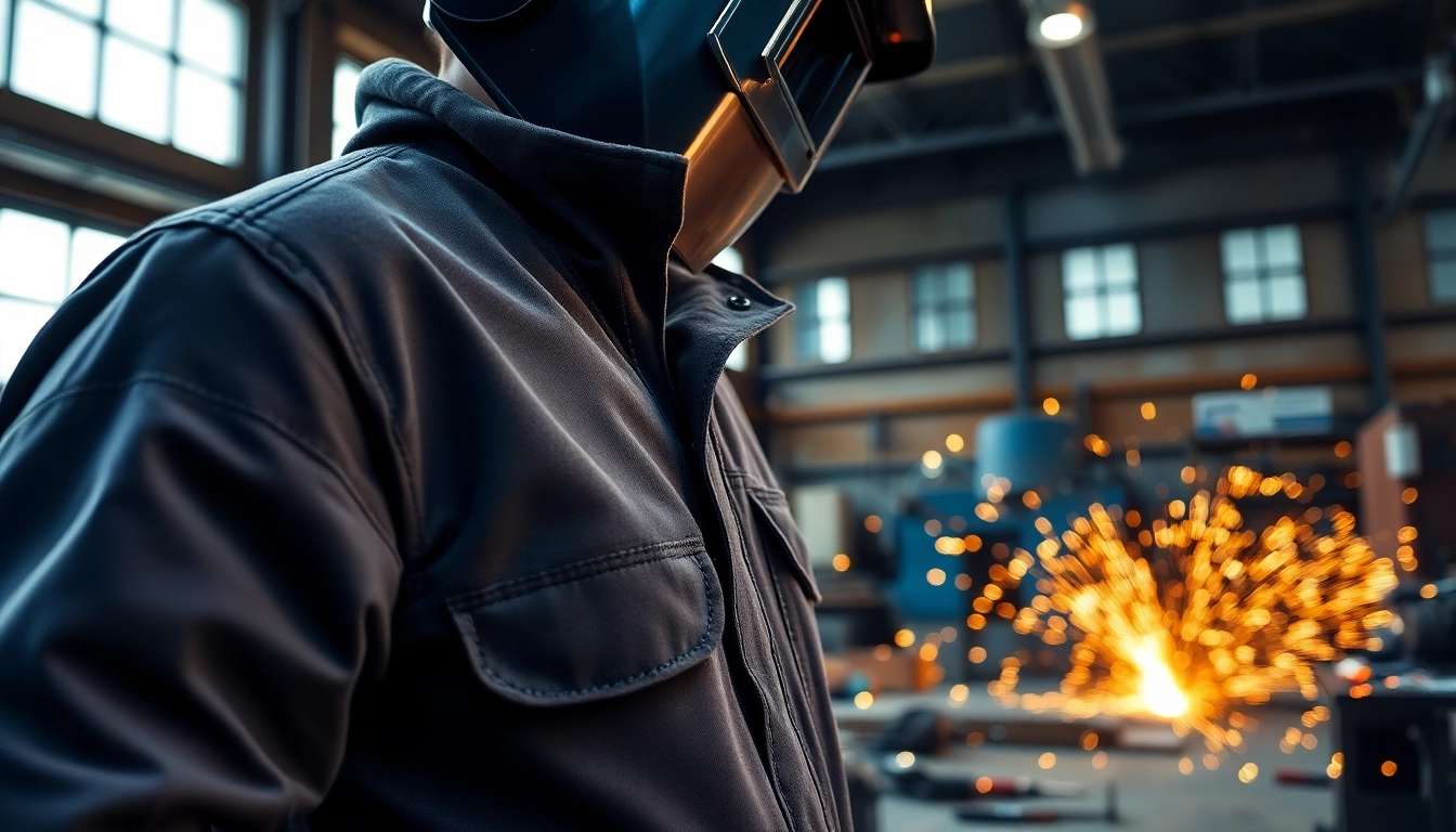 Welder using a welding jacket while performing a welding task amidst sparks and equipment