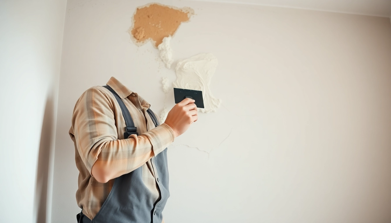 Skilled technician performing drywall repair madison wi on a damaged wall with professional tools.