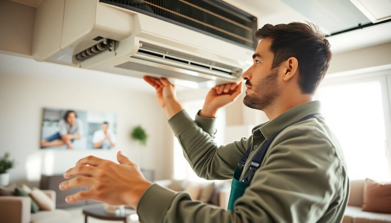 HVAC services Los Angeles technician conducting maintenance in a bright residential setting.
