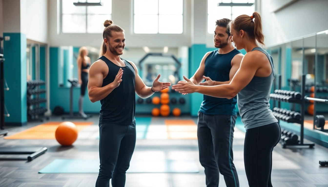 Engaging gym training consultation between a personal trainer and client demonstrating techniques.