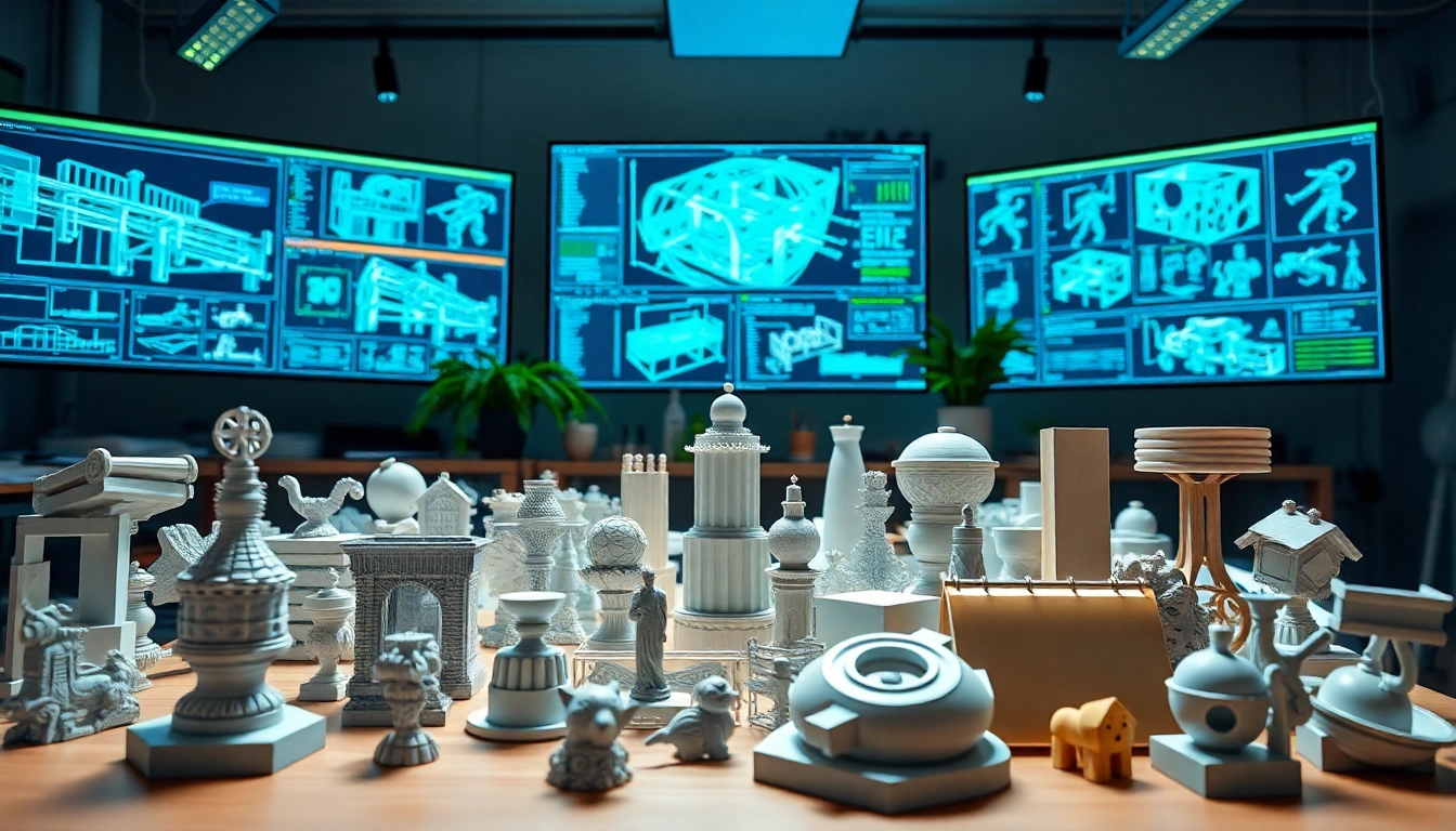 Showcasing innovative 3D modeling services with detailed models and a creative studio setting.