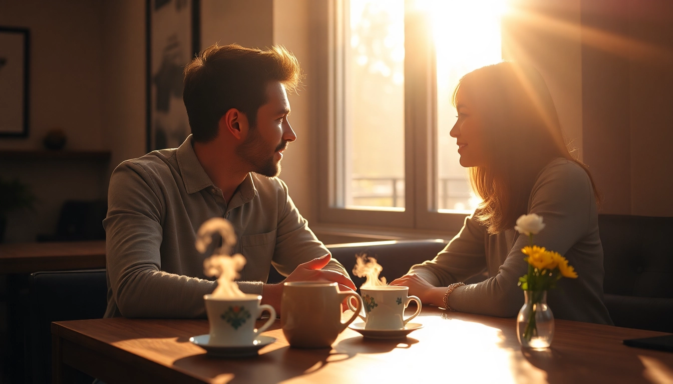 Couple discussing communication in relationships over coffee, showcasing emotional connection.