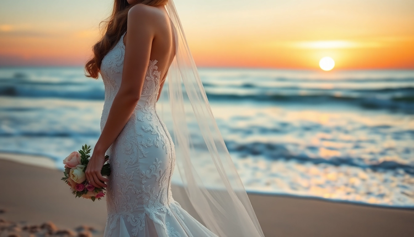 Model showcasing stunning Mermaid Wedding Dresses by the sea during sunset.