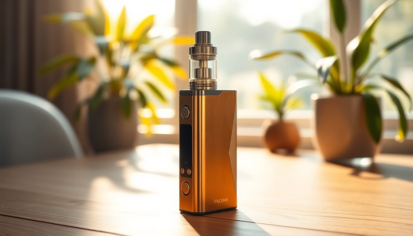 Caffeine vape device elegantly displayed on a wooden table with vibrant greenery.
