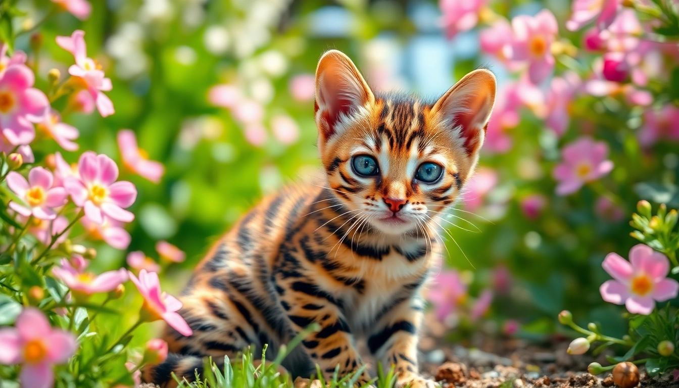 Adorable Bengal Kittens for Sale showcasing beautiful coat patterns in a sunny garden setting.