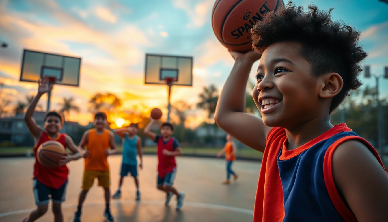 Young basketball enthusiasts dynamically practicing their skills on an outdoor court.