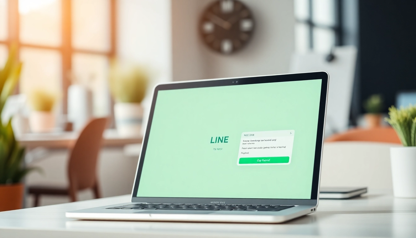 Download the 電腦版line下載 interface showcased on a laptop in a cozy workspace.