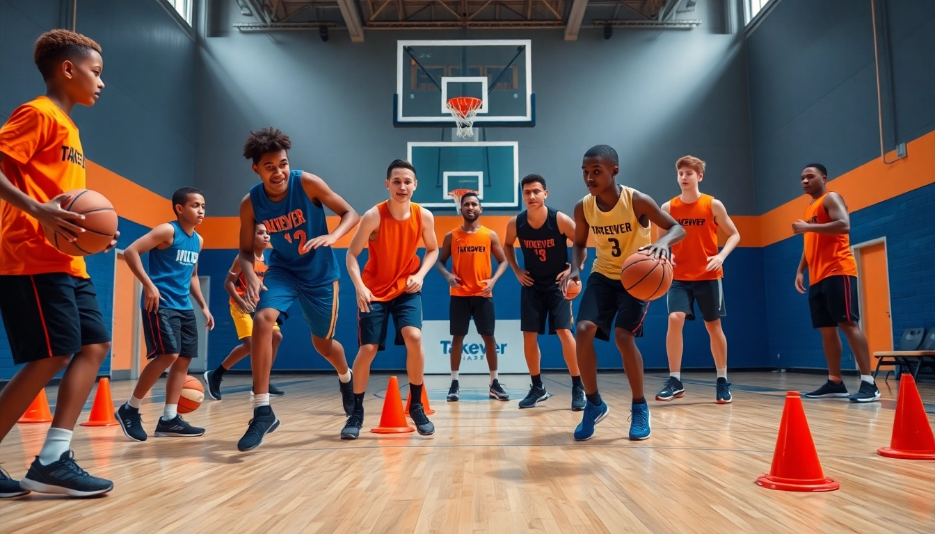 Young athletes practicing basketball skills at Takeover Basketball Academy, showcasing dedication and teamwork.