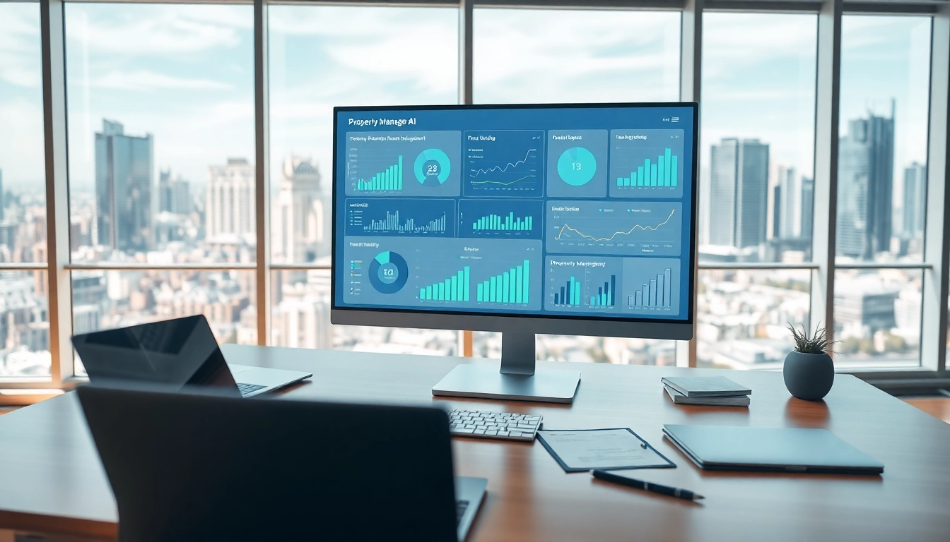 Enhancing property management AI interface showcasing analytics tools and modern workspace design.
