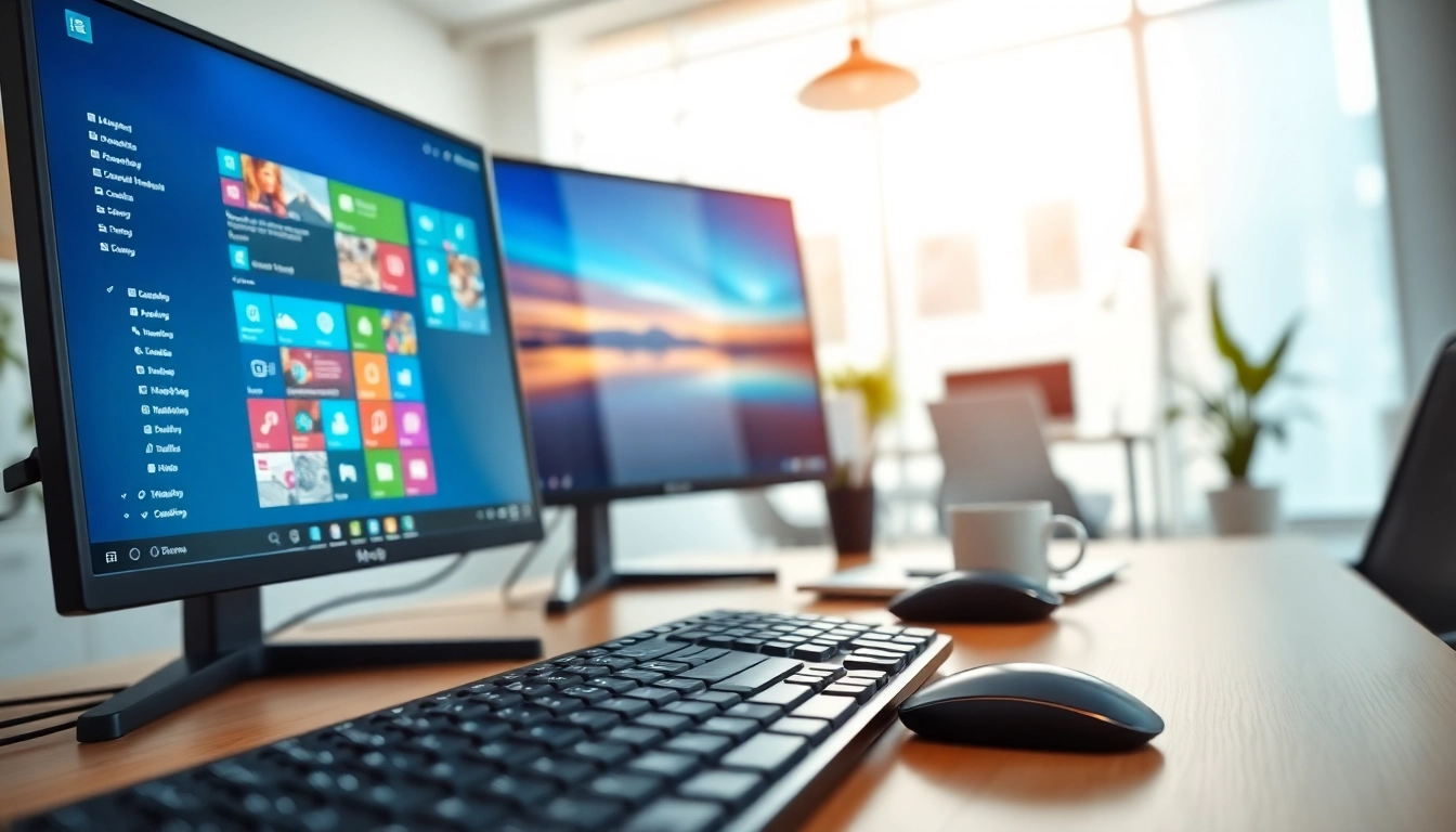 Erwerben Sie einen Windows 11 Pro-Key in einem modernen Arbeitsumfeld mit einer hochwertigen Computeranordnung.