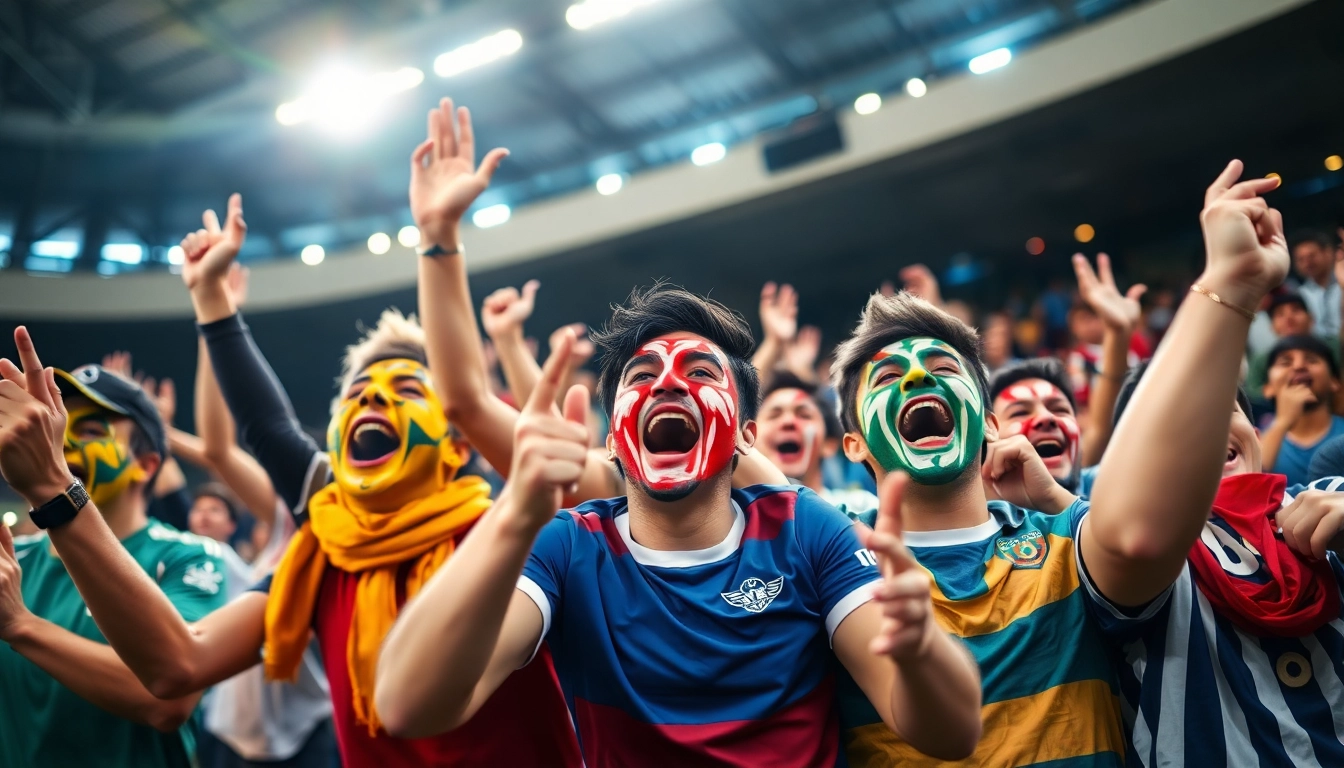 Excited fans celebrating in a stadium for situs judi bola betting experience.
