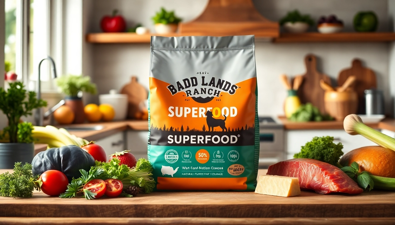 Showcase badlands ranch superfood complete dog food with fresh ingredients and vibrant packaging.
