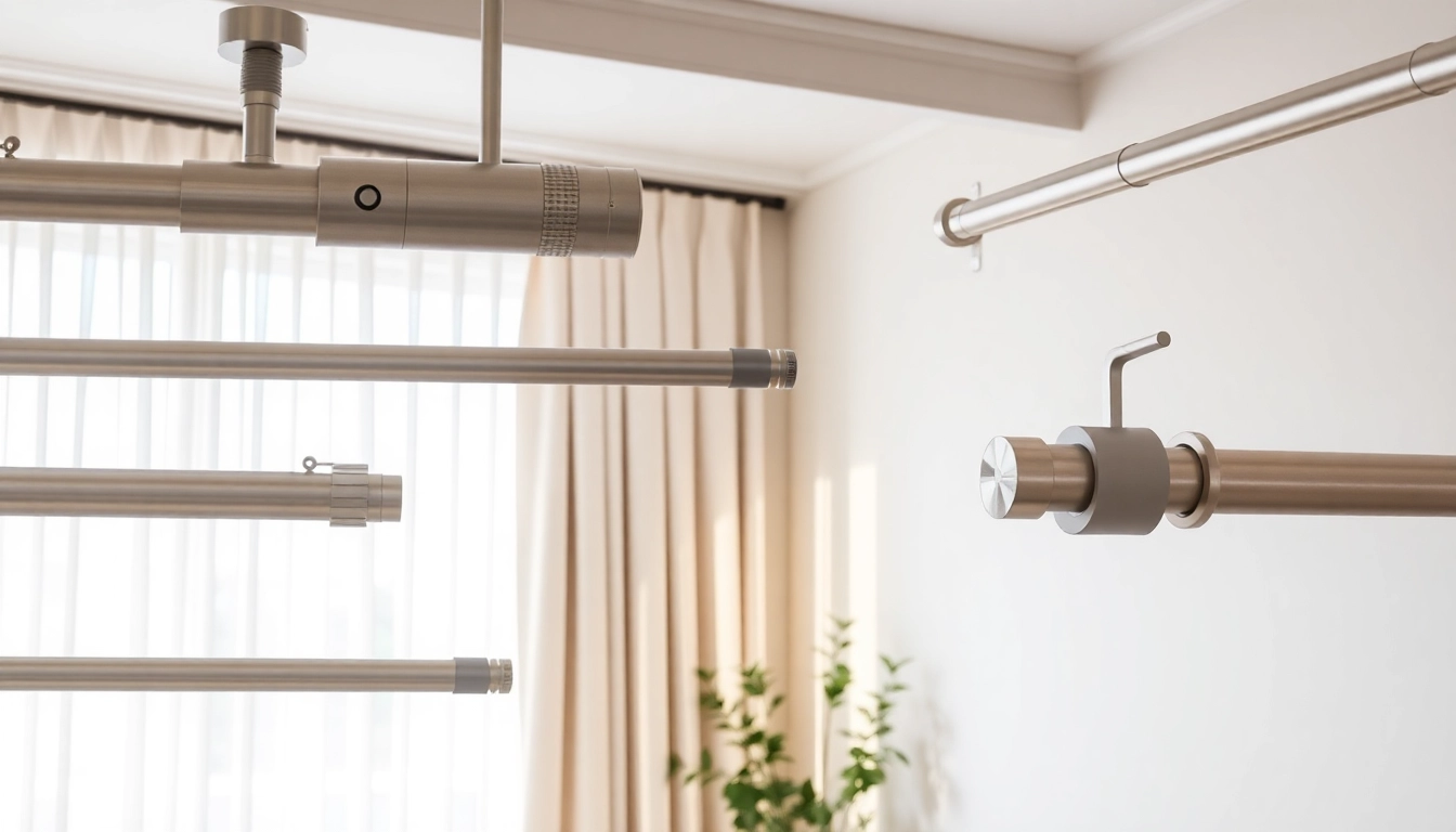 Showcases curtain tracks and poles in a modern interior, emphasizing style and functionality.