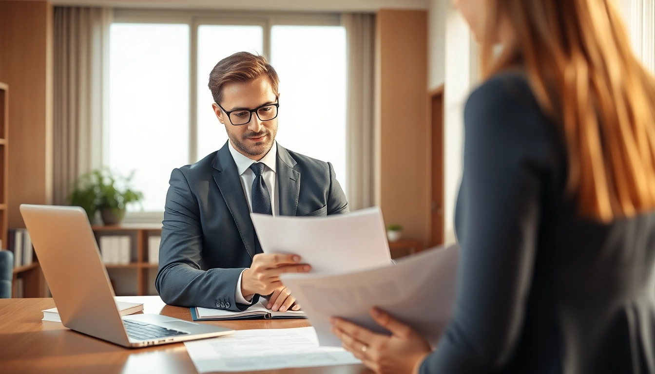 Real estate lawyer consulting a client in a modern office, showcasing professionalism and expertise.
